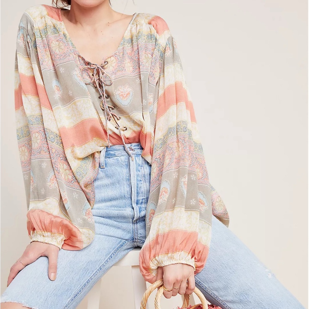 Mes Demoiselles Anthropology Pistache 100% Silk Peasant Top SIZE S OVERSIZED
